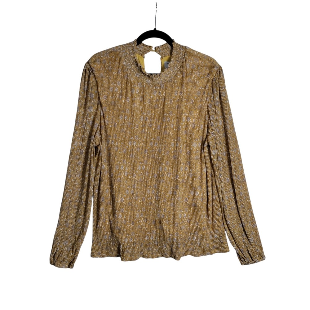 Hayden Los Angeles Mustard Yellow Ditsy Floral Pleated Mock Neck Blouse Large